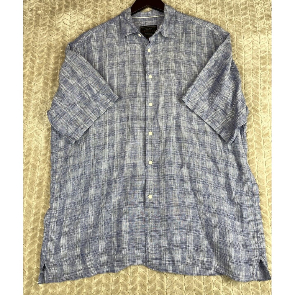 Jos A Bank Reserve Men's Plaid 100% Linen Shirt‎ Blue White Button Up XL EUC
